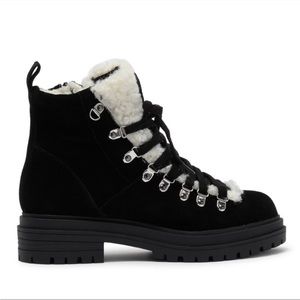 Steve Madden Resa Faux Shearling High Top Lace and Zip Bootie in Black - 7